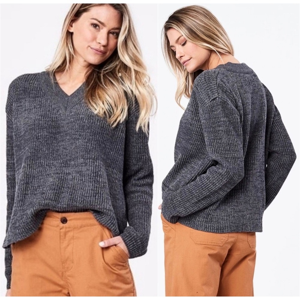 Pact 100% Organic Cotton Boho Preppy Chunky Knit V Neck Sweater Gray L